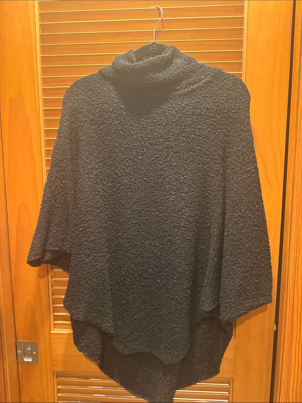 Black Textured Turtleneck Poncho Sweater - Women's